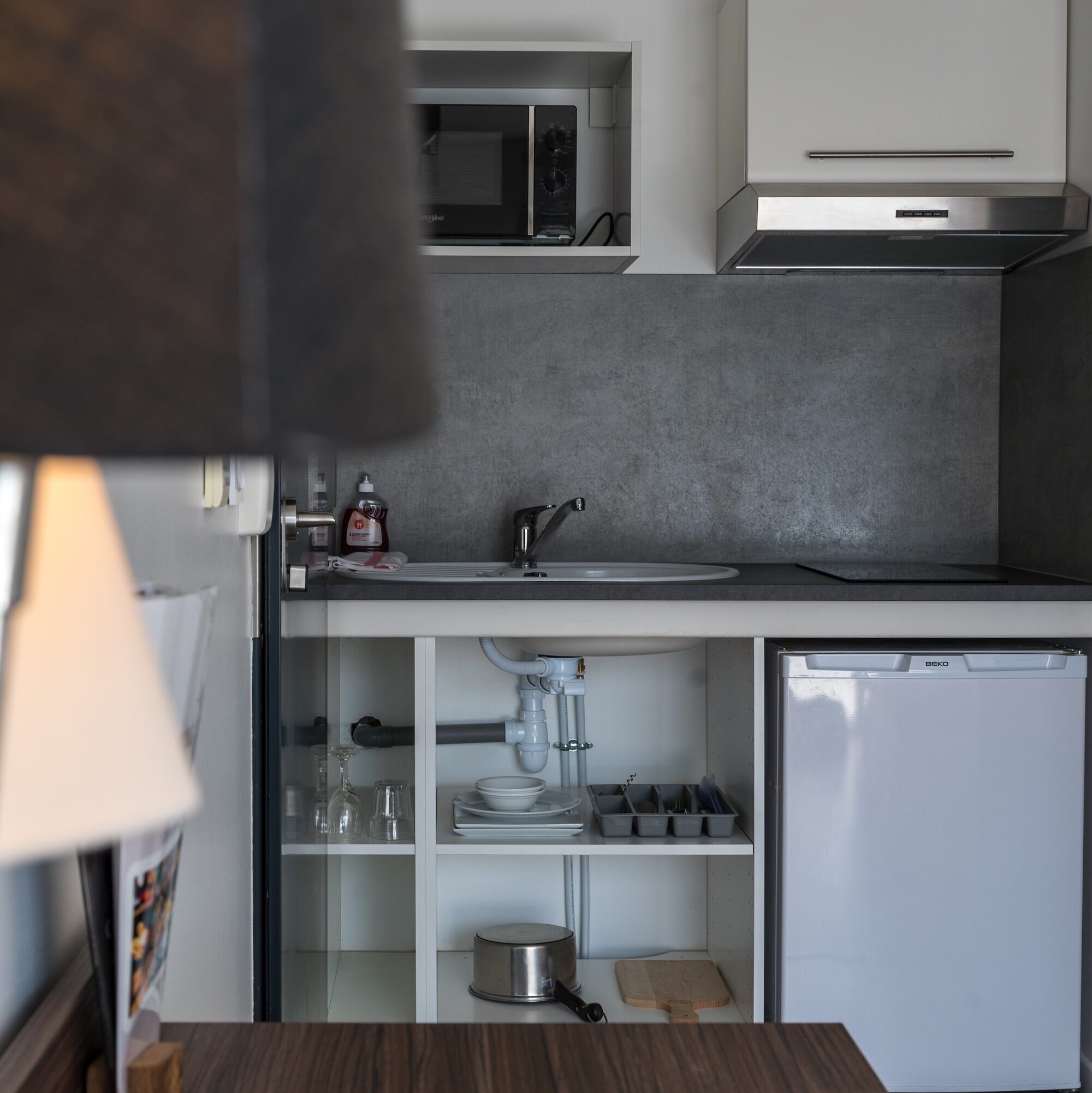 Cuisine moderne d'une chambre studio avec évier, réfrigérateur, micro-ondes et vaisselle, dans un cadre confortable.